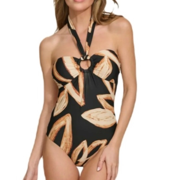 DKNY Women's Standard Halter Ring Painted Leaf One Piece Swimsuit Small - Picture 1 of 7